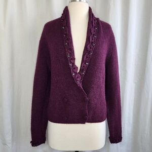 Peruvian Connection M 100% Alpaca Cardigan Sweater Purple Embellished Women's